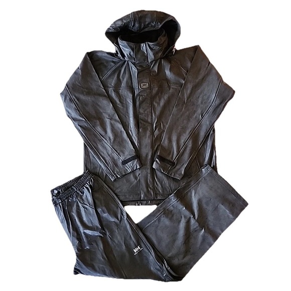 VTG Helly Hansen Foul Weather Gear Waterproof Jacket Pants Rain Suit Black Men M - Picture 1 of 16